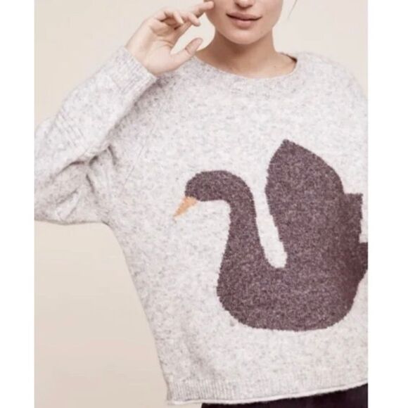 Anthropologie Rare Folk Hansel From Basel Swan Graphic Wool Sweater M - Picture 7 of 7